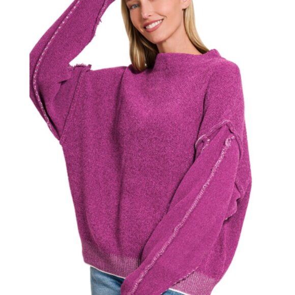 Zenana Outfitters Sweaters - #301 Oversized Mock Neck Raw Seam Chenille Sweater